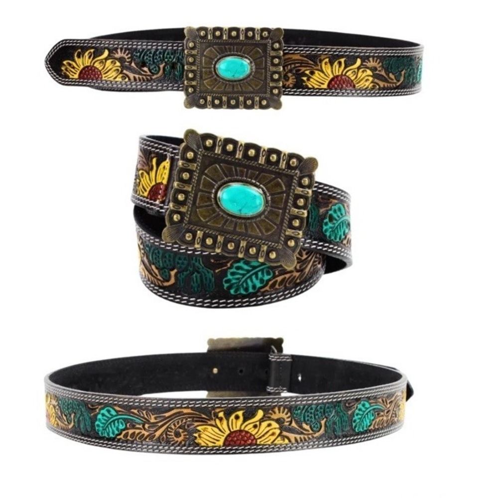 NWT American Bison Tooled Leather Belt Sz XL 42-44 Sunflower Turquoise Buckle